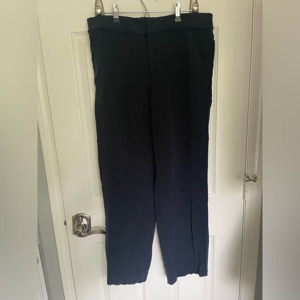 LOFT Women sz S Navy Blue linen blend wide leg frayed resort lagenlook pants
